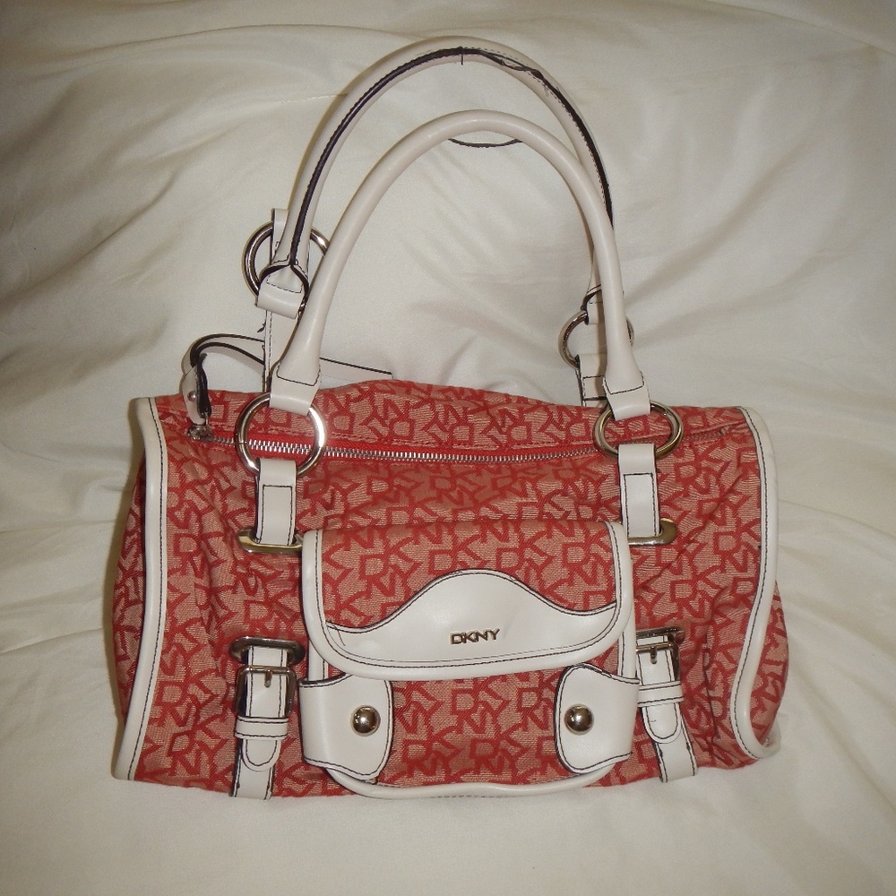 DKNY Signature Red-Fabric Satchel/White Handles